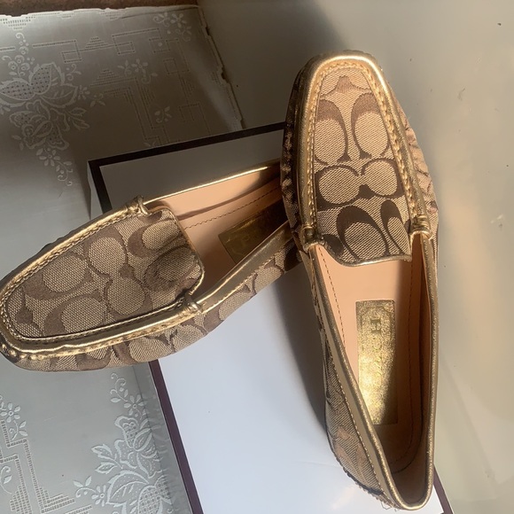 Y2K COACH SIGNATURE SUMMER FLATS DRIVING LOAFERS 6M MONOGRAM JACQUARD GOLD KHAKI - Picture 3 of 14